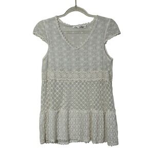 Solitaire White Floral Lace Crochet Tiered V-Neck Cap Sleeve Tunic Top Womens M